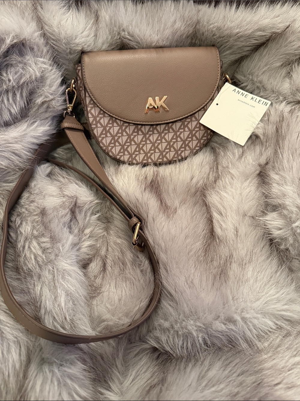 Anne Klein Taupe Saddle Crossbody with Gold AK Logo